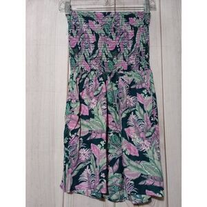 Toxik Women Strapless Smocked Romper Small Tropical Leaf‎ Print Pink Green Teal